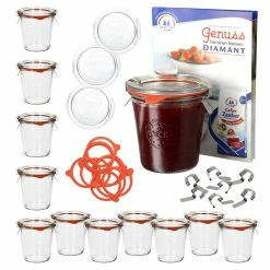 Null 24er Set Weck Sturzgläser 290ml Hoch, 1/5L Gläser Mit 24 Glasdeckeln, 24 Einkochringen Und 48 Klammern Inkl. Gelierzauber Rezeptheft Von Diamantzucker -Null Shop 7202968a 32e2 4bea 887f ee2bbb5b2cde scaled