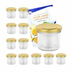 Null 12er Set Sturzglas 125 Ml Marmeladenglas Einmachglas Einweckglas To 66 Goldener Deckel Incl. Diamant-Zucker Gelierzauber Rezeptheft